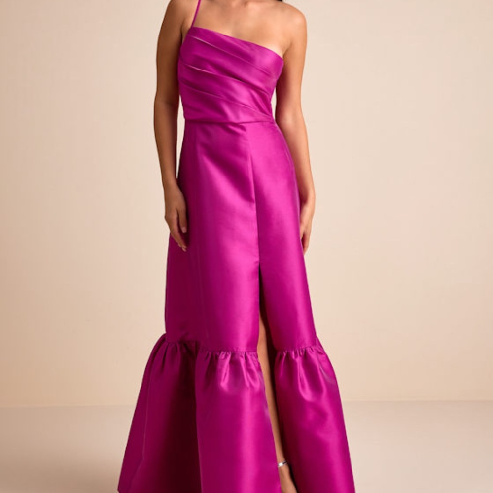 Lulus Letha Magenta Taffeta One-shoulder Maxi Dress Purple - Size XS
